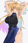 1girl absurdres ahoge arielle_(vtuber) armpits arms_behind_head black_leotard blonde_hair blue_dress blue_eyes blush breasts dress grin hair_between_eyes heart heart_ahoge highres indie_virtual_youtuber large_breasts leotard long_hair looking_at_viewer multicolored_hair nurizza_ilst rainbow_hair short_twintails smile solo thighs twintails virtual_youtuber white_background 