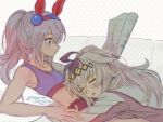  2girls ahoge animal_ears blue_eyes blue_hairband blue_sports_bra blush book breasts closed_eyes closed_mouth commentary ear_covers ear_ornament giragira_egao grey_hair hair_between_eyes hair_ornament hairband headband holding holding_book horse_ears horse_girl jacket kasamatsu_tracen_training_uniform long_hair long_sleeves lying lying_on_person midriff multicolored_hairband multicolored_jacket multiple_girls oguri_cap_(umamusume) on_back on_stomach open_mouth ponytail purple_jacket red_headband small_breasts sports_bra striped_clothes striped_hairband tamamo_cross_(fast_as_lightning)_(umamusume) tamamo_cross_(umamusume) track_jacket two-tone_hairband two-tone_jacket umamusume umamusume:_cinderella_gray untranslatable_commentary 