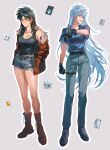  2girls absurdres akagi:_yami_ni_oritatta_tensai akagi_shigeru belt black_gloves black_hair black_shirt blue_shirt blue_shorts bomber_jacket boots breasts brown_jacket card cleavage closed_mouth collared_shirt denim denim_shorts dice fukumoto_mahjong full_body fully_genderswapped_group genderswap genderswap_(mtf) gloves grey_background grey_pants grey_shoes hand_up hands_in_pockets highres holding holding_mahjong_tile itou_kaiji jacket leather leather_jacket long_hair long_sleeves looking_at_viewer mahjong_tile medium_breasts midriff_peek multiple_girls open_clothes open_jacket outline pants parted_lips patch profile red_boots red_eyes shirt shirt_under_shirt shoes short_shorts short_sleeves shorts shoulder_tattoo simple_background single_bare_shoulder single_off_shoulder sleeveless sleeveless_shirt small_breasts smile sneakers span_(shibanyu63868) standing star_(symbol) tattoo thigh_belt thigh_strap tobaku_mokushiroku_kaiji torn_clothes torn_shirt torn_shorts undershirt very_long_hair white_hair white_outline 