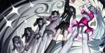  6+girls aqua_hair arms_up attacking_viewer axe baseball_bat black_hair black_jacket black_necktie black_skirt black_socks blazer blood cardigan closed_eyes collared_shirt commentary crazy_eyes dress elbow_gloves english_commentary frilled_shirt frills from_below gloves hatsune_miku highres hitting holding holding_axe holding_baseball_bat holding_knife ima_sugu_rinne_(vocaloid) jacket kiwiikero kneehighs knife layered_dress long_hair looking_at_viewer magical_girl multiple_girls multiple_persona neck_ribbon necktie pantyhose petticoat pink_cardigan pink_dress pink_ribbon pink_skirt pleated_skirt puffy_sleeves ribbon sequential shirt simple_background skirt socks star-shaped_pupils star_(symbol) symbol-shaped_pupils twintails very_long_hair vocaloid white_gloves white_pantyhose white_shirt 