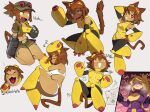  1boy 2girls absurdres animal_ears arm_cannon breasts brown_hair cat_ears cat_girl cat_tail closed_eyes commentary flowerpigeon fold_(gameoverse) furry furry_female gameoverse goggles goggles_on_head green_hat grey_background hat highres kit_bodega looking_at_viewer lying medium_breasts miss_information_(gameoverse) multiple_girls multiple_views on_side panties shirt short_hair simple_background sitting sleeping smile standing standing_on_one_leg tail thighs underwear untranslatable_commentary weapon white_panties yellow_shirt zzz 