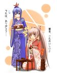  chopsticks eating fujiwara_no_mokou japanese_clothes kamishirasawa_keine kimono kokotetsu multiple_girls sweatdrop touhou translated 