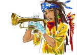  1boy bandana brown_eyes brown_hair chinese_commentary commentary_request dark-skinned_male dark_skin dreadlocks full_body headband highres holding holding_instrument holding_trumpet instrument long_hair looking_at_viewer male_focus mrsheep73944948 original red_bandana shirt simple_background solo trumpet upper_body white_background yellow_shirt 