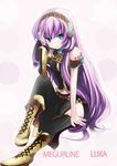  blue_eyes boots headphones highres hikari_no long_hair megurine_luka purple_hair sitting smile solo thighhighs vocaloid 