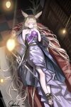 1girl animal_ear_fluff animal_ears arknights artist_name bare_shoulders black_coat blonde_hair bookshelf breasts checkered_clothes checkered_floor chinese_commentary coat commentary_request dress fox_ears fox_girl highres indoors long_hair looking_at_viewer looking_up lying neck_tattoo official_alternate_costume on_back open_clothes open_coat orange_eyes platform_sandals purple_dress sandals scar scar_on_cheek scar_on_face shale small_breasts smile solo tattoo very_long_hair vulpisfoglia_(arknights) vulpisfoglia_(out_of_focus)_(arknights) 