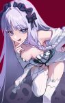  12uuu07 1girl black_bow bow breasts commentary_request dress fate/strange_fake fate_(series) francesca_prelati_(fate) hair_bow hand_on_own_hip highres korean_commentary leaning_forward long_hair long_sleeves lower_teeth_only medium_breasts open_mouth purple_eyes purple_hair red_background short_hair solo standing teeth tongue white_dress 