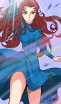  1970s_(style) 1girl absurdres aqua_dress artist_name brooch brown_hair curled_ends dress green_eyes hana_no_ko_lunlun highres jewelry juliet_sleeves leaf long_hair long_sleeves masaaki_endo motion_blur parted_bangs puffy_sleeves retro_artstyle signature smile solo togenishia wind wind_lift 
