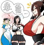  1boy 3girls arm_up artist_self-insert bare_shoulders black_hair black_skirt black_sleeves black_thighhighs blue_dress blue_pants blush breasts brown_hair cameo china_dress chinese_clothes chun-li cleavage_cutout closed_eyes clothing_cutout commentary cowboy_shot crop_top detached_sleeves double_bun dress english_commentary english_text fatal_fury final_fantasy final_fantasy_vii final_fantasy_vii_remake fingerless_gloves flying_sweatdrops from_side gloves gold_trim grin hair_bun hair_ribbon hand_on_another's_shoulder hand_on_own_face hand_on_own_hip hand_up hands_on_own_chest hands_up high_ponytail highres huge_breasts japanese_clothes large_breasts long_hair midriff motoyui multiple_girls navel nervous ninja notice_lines open_mouth pants pelvic_curtain ponytail red_eyes ribbon sawplanik shiny_clothes shiranui_mai short_hair short_sleeves sideboob sidelocks simple_background single_arm_guard skirt smile speech_bubble standing street_fighter street_fighter_6 suspender_skirt suspenders sweat swept_bangs tank_top the_king_of_fighters thick_thighs thighhighs thighs tifa_lockhart tight_clothes tight_pants trembling upper_body white_background white_dress white_tank_top wrist_guards zettai_ryouiki 