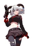  1girl absurdres belt black_belt black_pantyhose black_skirt blood blood_on_face blood_on_stomach blue_eyes breasts commentary_request cowboy_shot cropped_jacket demon_horns floating_hair gloves gun hair_intakes hand_up handgun highres holding holding_gun holding_weapon horns long_sleeves looking_at_viewer medium_breasts medium_hair midriff mole mole_under_mouth navel north_yuka pantyhose parted_lips pointy_ears project-sp skirt torn_clothes torn_pantyhose virtual_youtuber weapon white_background white_hair wucandan_de_gangtanke 