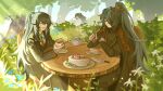  3boys artist_name bandage_over_one_eye black_coat black_eyes black_hair black_robe black_shirt bush cake cake_slice chair closed_eyes coat collared_shirt cup food high_ponytail highres holding holding_spoon hong_lu_(project_moon) hongyuan_(identity)_(project_moon) knife light_rays limbus_company long_hair multiple_boys multiple_persona necktie open_clothes open_coat outdoors plate ponytail project_moon red_necktie robe round_table shirt sitting smile spoon sunlight table tea teacup teapot tree twitter_username very_long_hair waddwer_(rn5f6d7s) white_shirt wooden_table xiao_guan_(headdress) 