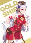  1girl animal_ears armband blunt_bangs blush bow bowtie breasts brown_hat character_name commentary_request dress ear_bow ear_ribbon gloves gold_ship_(red_strife)_(umamusume) gold_ship_(umamusume) grey_hair grin hat highres horse_ears horse_girl horse_tail long_hair looking_at_viewer medium_breasts minu open_mouth pantyhose pillbox_hat purple_eyes red_bow red_dress sleeveless sleeveless_dress smile solo striped_armband striped_clothes tail teeth thigh_strap umamusume white_gloves white_pantyhose 