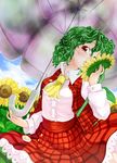  ascot bad_id bad_pixiv_id cloud dutch_angle flower green_hair head_tilt holding holding_flower kazami_yuuka kiriu nature parasol plaid plaid_skirt plaid_vest red_eyes short_hair skirt skirt_set smelling_flower solo sunflower touhou umbrella vest wavy_hair 