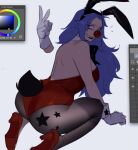  1girl animal_ears art_program_in_frame ass back black_bow black_bowtie blue_hair bow bowtie breasts buggy_the_clown clown clown_nose color_wheel detached_collar devil_fruit_power disembodied_hand facepaint fake_animal_ears fake_tail from_behind genderswap genderswap_(mtf) gloves high_heels highres kneeling leotard long_hair nervous_smile nervous_sweating one_piece pantyhose playboy_bunny red_leotard red_nose red_shoes seiza shoes sitting smile solo star_(symbol) star_print sweat tail v vongulli white_background white_gloves 