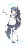  1girl absurdly_long_hair absurdres alternate_costume apron aqua_halo aqua_ribbon aris_(blue_archive) aris_(maid)_(blue_archive) black_dress black_shoes black_wrist_cuffs blue_archive blue_eyes blue_hair blush borrowed_clothes commentary_request cup dress dress_shoes drink expressionless frilled_apron frills full_body gradient_hair gradient_halo green_halo hair_behind_ear halo highres holding holding_cup holding_drink holding_plate long_hair looking_at_viewer maid maid_apron maid_headdress multicolored_hair multicolored_halo number_print official_alternate_costume open_mouth outstretched_arm plate ponytail puffy_short_sleeves puffy_sleeves rectangular_halo ribbon sepia_(kilikasumi) shadow shoes short_sleeves simple_background solo standing standing_on_one_leg thighhighs very_long_hair white_apron white_background white_thighhighs wrist_cuffs 