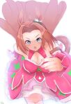  1girl animal_ears bare_shoulders blue_eyes blush braid breasts brown_hair cleavage commentary_request curtained_hair detached_sleeves dress highres horse_ears horse_girl horse_tail kawakami_princess_(princess_of_pink)_(umamusume) kawakami_princess_(umamusume) large_breasts long_hair looking_at_viewer natuya_sai. open_mouth pink_dress pink_sleeves running sleeveless sleeveless_dress solo tail umamusume 