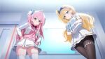  2girls :t ahoge aqua_ribbon artist_request blonde_hair blue_hairband blue_ribbon bow bowtie cameltoe cardigan closed_mouth from_below game_asset hair_ribbon hairband hand_on_own_arm hands_on_own_hips indoors jacket long_hair looking_at_viewer momozono_meru multiple_girls muv-luv muv-luv_girls_garden narutaki_nanairo neck_ribbon official_art open_clothes open_jacket panties panties_under_pantyhose pantyhose pantyshot pink_cardigan pink_hair red_bow red_bowtie ribbon school_uniform shirt skirt thigh_strap thighhighs third-party_source two_side_up underwear white_jacket white_panties white_shirt white_skirt white_thighhighs 