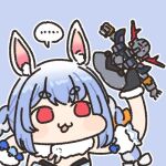  ... 1girl animal_ear_fluff animal_ears blue_eyes braid carrot chibi commentary doll_panty_check food-themed_hair_ornament fur-trimmed_gloves fur_trim gloves gundam gunpla hair_ornament hololive jazz_jack lowres mecha mobile_suit_gundam model_kit rabbit_ears rabbit_girl red_eyes robot simple_background speech_bubble spoken_ellipsis toy twin_braids untranslatable_commentary upskirt usada_pekora virtual_youtuber zeong 