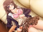  1boy 1girl aomi_riru black_hair blazer blush bow bowtie bra breasts brown_skirt censored cleavage closed_mouth collarbone collared_shirt couch cowboy_shot cum cum_on_clothes ejaculation embarrassed game_asset grabbing_another's_arm hair_between_eyes handjob hetero jacket jitome large_breasts large_variant_set long_hair long_sidelocks lying mikami_juri miniskirt mosaic_censoring non-web_source official_art on_back on_couch open_clothes open_jacket open_shirt panties penis pink_bra pink_panties pov pov_hands purple_eyes red_bow red_bowtie school_uniform self-datamine shirt sidelocks skirt underwear variant_set visual_novel_cg wavy_mouth white_shirt yumemi_ga_cheek! 