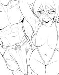  1boy 1girl abs absurdres bikini black_hair bleach commentary curvy erection geulimykun_(skbyunea413) grabbing_another's_ass greyscale groping highres kuchiki_rukia kurosaki_ichigo large_penis monochrome muscular muscular_male orange_hair penis simple_background sketch swimsuit thong thong_bikini white_background 