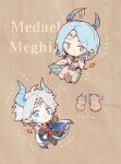  1boy 1girl absurdres aqua_cloak black_boots blue_cloak blue_eyes blue_hair blue_horns blue_sash blue_scales blue_shirt blue_skin boots bracelet braid braided_hair_rings brother_and_sister brown_background brown_gloves brown_pants character_name chinese_commentary circlet cloak coat colored_extremities colored_eyelashes colored_skin commentary_request dotted_line dragon_boy dragon_girl dragon_horns dragon_tail dress ear_piercing expressionless eyes_visible_through_hair facepaint flower gloves gold_bracelet gold_circlet greco-roman_clothes grey_hair hair_over_shoulder hair_rings hair_tubes highres holding holding_flower hood hood_down hooded_cloak horns infinity_nikki jewelry knee_boots long_hair long_sleeves low_ponytail medael_(infinity_nikki) meghill_(infinity_nikki) nikki_(series) orange_flower pants paper_background parksolian_(infinity_nikki) parted_lips petals piercing pointy_ears ponytail puffy_long_sleeves puffy_sleeves sash shirt short_hair siblings simple_background sleeveless sleeveless_coat sleeveless_dress smug tail toy tsuki0219 two-sided_cloak two-sided_fabric white_cloak white_coat white_dress yellow_eyes 