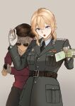  2girls absurdres belt belt_buckle black_necktie black_pants blonde_hair blue_eyes braid brown_background brown_belt buckle collared_shirt commentary contemporary english_commentary frown genshin_impact grey_hair grey_jacket gun handgun highres holding holding_gun holding_weapon jacket jean_(genshin_impact) k0ushou lapels looking_at_viewer makarov_pm military_jacket multiple_girls necktie noelle_(genshin_impact) open_mouth pants ponytail red_sweater shirt shoulder_boards simple_background stasi sunglasses sweater weapon white_shirt 