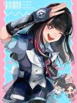  1girl agi_(chou_gavan) barcode black_hair black_necktie blue_eyes blue_shirt blue_shorts character_doll chou_uchuu_keiji_gavan_infinity collared_shirt colored_tips commentary_request date_daisuke detached_sleeves doki_reiji doll highres holding holding_stuffed_toy jacket kieru_ituka long_hair long_sleeves looking_at_viewer metal_hero multicolored_hair necktie one_eye_closed open_clothes open_jacket open_mouth pink_eyes pink_hair red_eyes red_hair red_jacket shirt short_sleeves shorts solo stuffed_toy teeth under-elbow_gloves upper_body upper_teeth_only white_hair white_shirt 