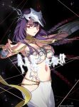  1girl azrael_(grand_assassin)_(fate) bare_shoulders breasts cerejeira_elron cleavage commentary english_commentary fate/grand_order fate_(series) fujimaru_ritsuka_(female) highres house_tag_denim jingle_abel_meuniere large_breasts leonardo_da_vinci_(fate) leonardo_da_vinci_(rider)_(fate) long_hair looking_at_viewer mash_kyrielight navel olga_marie_animusphere past_chaldea_(fate/grand_order) purple_hair red_eyes skeletal_clothes solo urd_(fate) 
