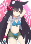  1girl absurdres ahoge animal_ear_fluff animal_ears arm_behind_head arm_up bikini bikini_under_clothes black_hair blue_bikini braid breasts cleavage closed_mouth commentary_request cropped_jacket flower goggles green_shorts grey_jacket hair_between_eyes hair_flower hair_ornament highres holding holding_goggles hood hood_down hooded_jacket jacket long_hair looking_at_viewer medium_breasts nyaha open_clothes open_fly open_shorts orange_eyes original red_eyes red_flower short_shorts short_sleeves shorts solo swim_goggles swimsuit unworn_goggles very_long_hair 