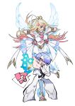  1boy 1girl angel blonde_hair blue_eyes commentary_request cousins curtained_hair dress earrings gradient_hair highres jewelry jumpsuit multicolored_hair panty_&amp;_stocking_with_garterbelt panty_(psg) pfziki pink_hair polyester_(psg) purple_hair red_eyes skirt white_jumpsuit 