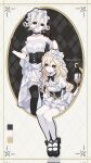  2girls artist_name bare_shoulders black_bow black_bowtie black_choker black_corset black_eyes black_gloves black_shoes black_thighhighs bonnet border bow bowtie braid breasts choker collarbone color_guide commentary_request corrupted_twitter_file corset cowboy_shot detached_sleeves dress emuaitu_1733 floral_print flower foot_dangle footwear_bow frilled_bonnet frilled_choker frilled_dress frills full_body galatea_claude gloves hair_between_eyes high-low_dress highres identity_v index_finger_raised lace lace-trimmed_dress lace_gloves lace_trim long_hair long_sleeves looking_at_viewer mary_(identity_v) medium_breasts multiple_girls official_alternate_costume ornate_border parted_lips rose shoes short_hair sidelocks sitting small_breasts smile solid_eyes thighhighs underbust veil wavy_hair white_bow white_choker white_dress white_flower white_hair white_rose white_thighhighs white_veil 