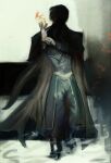  1boy abyssmalenia adjusting_clothes adjusting_gloves black_coat blue_jacket blue_pants coat coat_on_shoulders commentary english_commentary eyes_in_shadow fire full_body fullmetal_alchemist gloves highres jacket magic_circle male_focus military_uniform pants pentagram roy_mustang short_hair simple_background solo walking white_gloves 