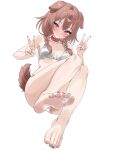  1girl absurdres animal_collar animal_ears barefoot bikini braid breasts brown_eyes brown_hair brown_tail cleavage closed_mouth collar commentary dog_ears dog_girl dog_tail double-parted_bangs double_v english_commentary feet foot_focus full_body grey_bikini hair_between_eyes highres hololive inugami_korone ivan_ramirez long_hair looking_at_viewer low_twin_braids medium_breasts nail_polish pink_collar romaji_commentary simple_background smile soles solo swimsuit tail toenail_polish toenails toes twin_braids v virtual_youtuber white_background 