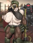  1boy 1girl abs armor ass blonde_hair breasts city curvy full_armor hammer highres holding holding_hammer huge_ass huge_breasts imminent_rape military_uniform original short_hair slavsegger sweatdrop 