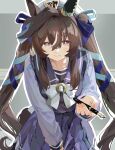  1girl absurdres alt_text animal_ears beret blue_eyes blue_ribbon bow bowtie breasts closed_mouth commentary_request ear_covers hair_between_eyes hat highres holding holding_pen horse_ears horse_girl horse_tail long_hair long_sleeves looking_at_viewer mole multicolored_hair nib_pen_(object) pen pleated_skirt purple_sailor_collar purple_serafuku purple_shirt purple_skirt ribbon sailor_collar sailor_shirt school_uniform serafuku shirt single_ear_cover skirt solo streaked_hair tail tearing_up tracen_school_uniform umamusume vivlos_(umamusume) white_bow white_bowtie white_hat yoojp 