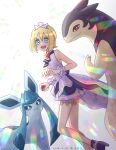  1girl :d absurdres ascot blonde_hair blue_eyes commentary_request dated glaceon happy high_heels highres hisuian_typhlosion holding holding_poke_ball irida_(anniversary_2025)_(pokemon) irida_(pokemon) narusawa_byakuya official_alternate_costume open_mouth overalls poke_ball poke_ball_(basic) pokemon pokemon_(creature) pokemon_masters_ex purple_overalls purple_shoes shoes short_hair sleeveless smile teeth upper_teeth_only waist_cape wrist_cuffs 