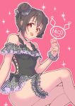  1girl arm_at_side arm_up bare_legs black_bow black_hair black_one-piece_swimsuit bow breasts can character_name collarbone commentary_request frilled_one-piece_swimsuit frilled_thigh_strap frills gingham_scrunchie hair_bun hair_ornament hair_scrunchie highres holding holding_can kobayashi_nyoromichi looking_at_viewer love_live! love_live!_school_idol_project one-piece_swimsuit open_mouth pink_background red_eyes scrunchie simple_background small_breasts solo star_(symbol) swimsuit thigh_strap wrist_scrunchie yazawa_nico 