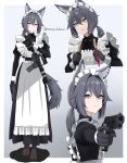  1girl absurdres animal_ears apron artist_name assault_rifle black_gloves boots border closed_mouth colt_commando commentary dress english_commentary gloves grey_background grey_hair gun handgun heterochromia highres holding holding_weapon ibuki_grunt long_dress m1911 maid maid_apron maid_headdress military multiple_views original rifle tail torture_instruments two-tone_background weapon white_border wolf_ears wolf_girl wolf_tail 