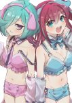  2girls akoya_matama anemo_nemo animal_ear_hairband animal_ears aqua_eyes aqua_hair arm_warmers blue_streaks bow bowtie breasts brown_hair cleavage commentary_request detached_collar dog_ear_hairband dog_ears fake_animal_ears fuurinura hair_over_one_eye hairband highres large_breasts light_blush looking_at_viewer mahou_shoujo_ni_akogarete medium_breasts multicolored_hair multiple_girls navel necktie one_eye_covered purple_eyes short_shorts shorts streaked_hair white_background 