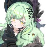  1girl arknights bang_dream! bang_dream!_it's_mygo!!!!! black_bonnet black_dress black_gloves black_hat bonnet commentary dress gloves green_hair hat highres holding holding_stuffed_toy hugging_object long_hair partially_fingerless_gloves simple_background solo stuffed_toy untranslatable_commentary upper_body wakaba_mutsumi wakaba_mutsumi_(marionette's_id) watermark white_background yeechem2002 yellow_eyes 