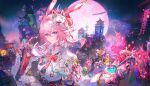  1girl animal_ears asymmetrical_gloves black_gloves bow bowtie building chinese_commentary commentary_request evanescia_(honkai:_star_rail) fireworks flower fox fox_ears fox_girl fox_mask full_moon gloves hair_between_eyes hair_bow hair_flower hair_ornament highres holding honkai:_star_rail honkai_(series) jacket long_sleeves looking_at_viewer mask mask_on_head mismatched_gloves moon multiple_views night pink_hair pink_pupils purple_eyes qingming_tiaohetu red_bow red_bowtie shirt short_hair_with_long_locks skirt sky smile star_(sky) starry_sky train upper_body white_gloves white_jacket white_shirt white_sleeves 