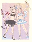  2girls :d absurdres ahoge angel angel_and_devil angel_wings ankle_lace-up bare_arms bare_shoulders belt black_belt black_bow black_choker black_shoes black_skirt blue_bow blush bow bra braid brown_eyes buckle choker cleavage_cutout closed_mouth clothing_cutout commentary_request crop_top demon_girl demon_horns demon_tail demon_wings dual_persona flat_chest flower frilled_bra frilled_choker frilled_skirt frilled_wrist_cuffs frills full_body gradient_background hair_bow hair_flower hair_ornament halo heart heart-shaped_buckle heart_cutout heart_o-ring highres holding holding_hands holding_pitchfork holding_wand horns interlocked_fingers jibijibipen layered_skirt legs light_blush long_hair looking_at_another multiple_girls navel o-ring onii-chan_wa_oshimai! open_mouth outline outstretched_arm oyama_mahiro pink_hair pitchfork red_horns red_wings shoes simple_background skirt skirt_bow smile standing stomach strapless strapless_bra tail tareme thigh_strap twin_braids twintails underwear wand white_outline white_shoes white_skirt white_wrist_cuffs wings wrist_cuffs yellow_halo 