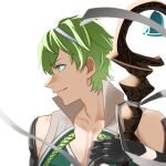  1boy bell black_gloves closed_mouth commentary_request david_(fate) fate/grand_order fate_(series) gloves green_eyes green_hair high_collar looking_ahead male_focus partial_commentary pectorals profile short_hair simple_background smile solo staff tansa upper_body white_background 