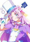  1boy :q bow capelet commentary_request cosplay cure_answer cure_answer_(cosplay) double_bun dress duokuma gloves hair_bun hair_ornament hand_on_headwear hat heart highres jewelry kuroba_kaito licking licking_lips long_hair looking_at_viewer magical_girl male_focus meitantei_conan meitantei_precure! one_eye_closed precure purple_dress smile spoilers tongue tongue_out top_hat trap upper_body white_gloves white_hat 