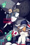  2boys awoito_(tsurubami_jiguro) bag black_shorts blonde_hair blush_stickers fire hat heart highres hitodama jacket long_sleeves multiple_boys neckerchief open_mouth orange_hair original red_eyes running sailor sailor_collar shirt shorts spoken_heart white_jacket white_sailor_collar 