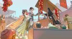  1girl absurdres architecture black_hair blush chinese_clothes cloak commentary_request east_asian_architecture flower from_below fur_cloak green_skirt hair_flower hair_ornament hair_ribbon highres incredibly_absurdres jar lantern legend_of_mortal long_skirt long_sleeves looking_at_viewer mu_liu_zi outdoors people pointing ribbon scenery skirt sky speech_bubble teapot white_sleeves ye_yunshang zhao_huo 