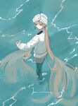  1boy absurdly_long_hair aqua_eyes brown_hair commentary fate/grand_order fate_(series) from_above highres long_hair long_sleeves looking_to_the_side low_twintails nemo_(fate) ocean pantyhose sayu100cc shorts solo turban twintails very_long_hair wading 