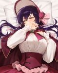  1girl blush bonnet breasts brooch commentary_request covering_own_mouth dress garigari hair_between_eyes hand_over_own_mouth hand_up highres jewelry kivia_patausche large_breasts long_hair long_sleeves lying on_back on_bed pillow purple_hair red_bonnet red_eyes white_dress yuushakei_ni_shosu 