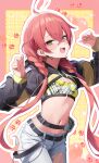  1girl 4of_e :d absurdres ahoge belt blush breasts cleavage cleavage_cutout clothing_cutout commentary_request cowboy_shot earrings fangs green_eyes half-jacket highres jewelry looking_at_viewer navel nijisanji outline pants paw_print pink_hair shishido_akari shishido_akari_(1st_costume) small_breasts smile solo sparkle sports_bra torn_clothes torn_pants virtual_youtuber white_outline 