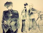  3boys bag bicycle black_hair gakuran ganbare!_nakamura-kun!! hirose_aiki multiple_boys nakamura_okuto painting_(medium) school_bag school_uniform shundei_(enig) traditional_media watercolor_(medium) 
