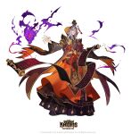  1boy absurdres bai_jiao_(seven_knights_re:birth) black_coat chinese_clothes coat copyright_logo copyright_name copyright_notice evil_grin evil_smile fire full_body grey_hair grin guan_hat hand_up highres holding holding_scroll logo looking_at_viewer male_focus medium_hair official_art orange_robe parted_bangs purple_fire robe scroll seven_knights_re:birth smile solo standing transparent_background yellow_eyes 